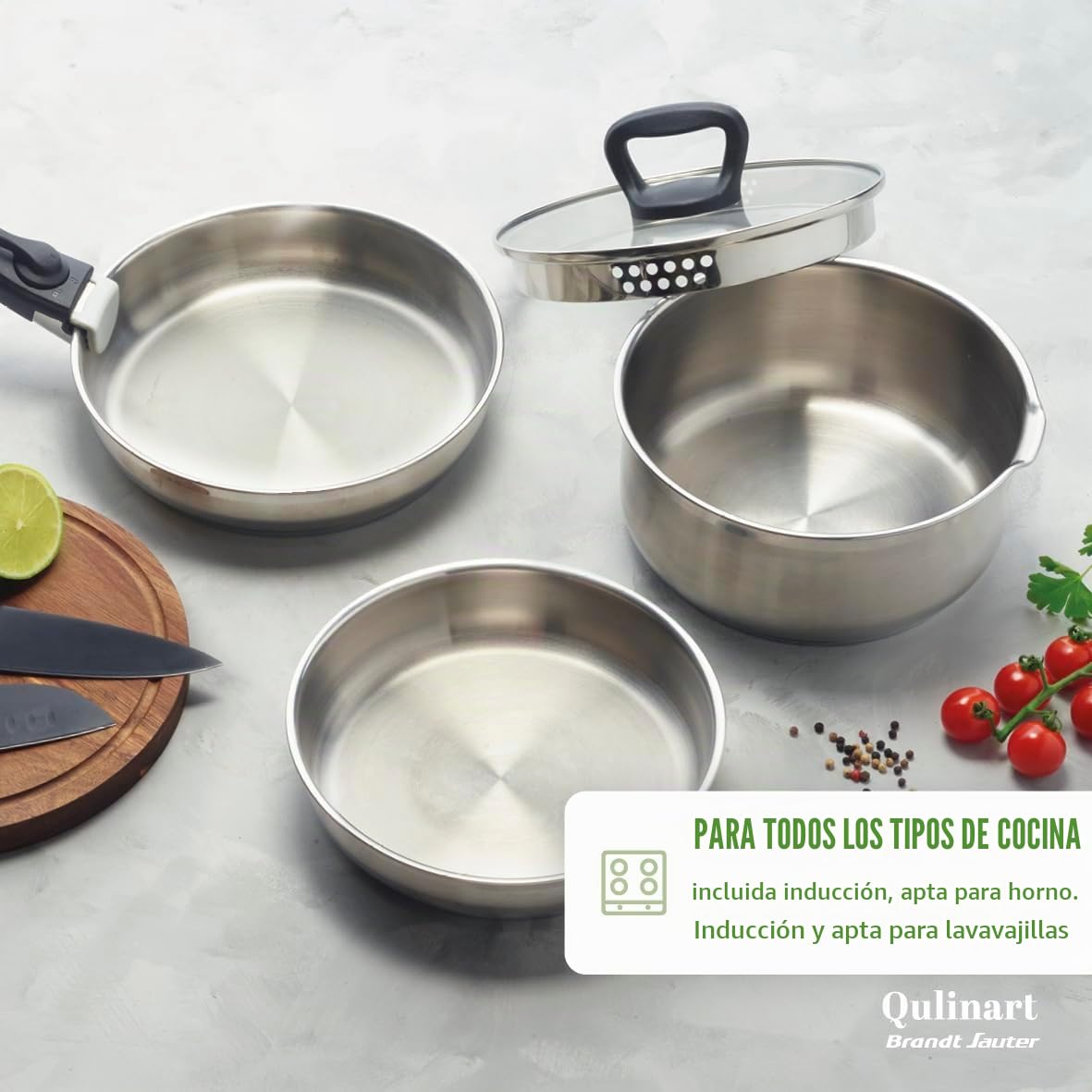 Qulinart by Brandt - Batería de cocina para inducción (10 piezas, 3 sartenes, 3 estufas y 3 tapas, coladores con asa extraíble, acero inoxidable, lote para todo fuego, color plateado
