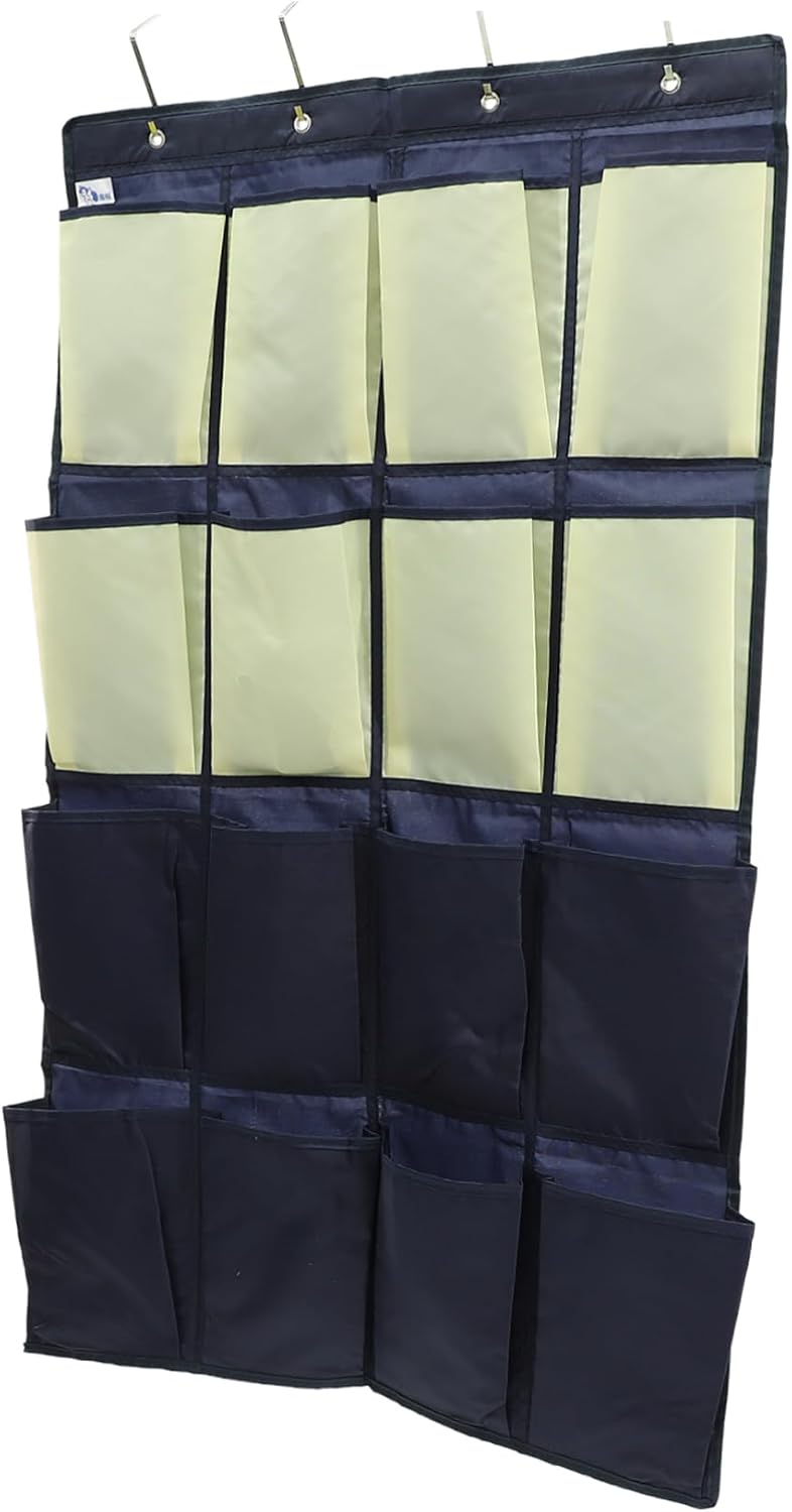 Cabilock Over the Door Hanging Shoe Organizer Bag for Closet and Bathroom Storage Tear Resistant Oxford Space Saving Wall Mounted Pouch in Blue and Yellow for Home Organization