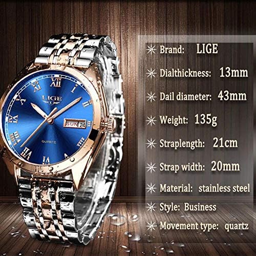 LIGE Mens Watches Fashion Elegant Analog Quartz Stainless Steel Business Male Wristwatches with Date 3ATM Waterproof Classic Casual Gents Dress Watch Round Dial