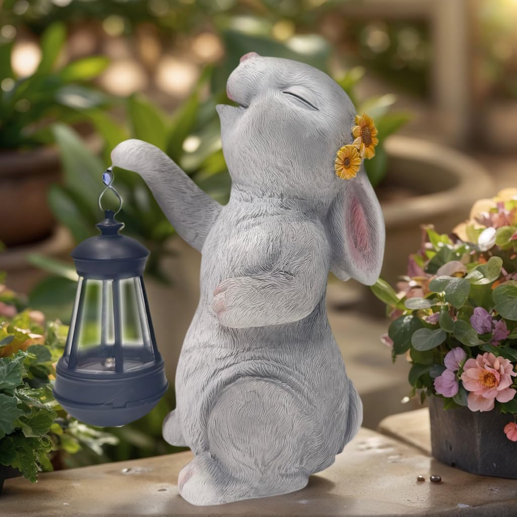 Estatua solar de conejo de jardín con luz LED, decoraciones de Pascua al aire libre para el hogar, patio, césped y patio, figura de resina impermeable, regalo para mamá, Navidad, Día de la