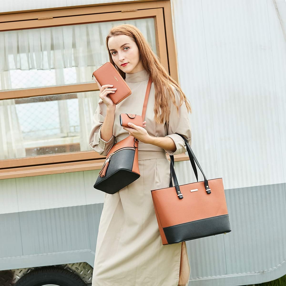 Women Fashion Handbags Wallet Tote Bag Shoulder Bag Top Handle Satchel Purse Set 4pcs - Image 3