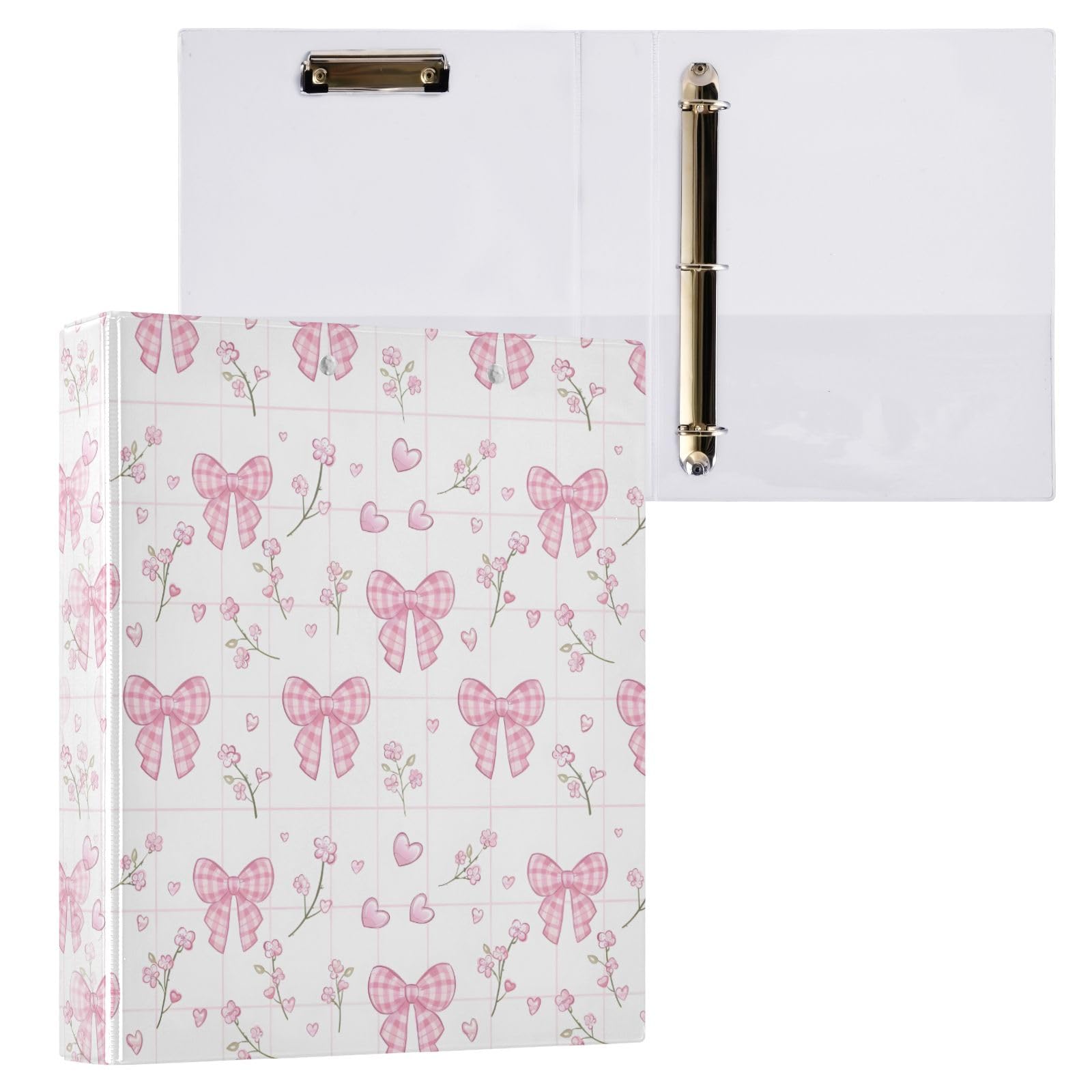 3 Ring Binder Pink Plaid Bow Flower 1.5 Inch Round Rings Holds 200 Sheets,3Ring Binders with Anti-Slip Metal Clip