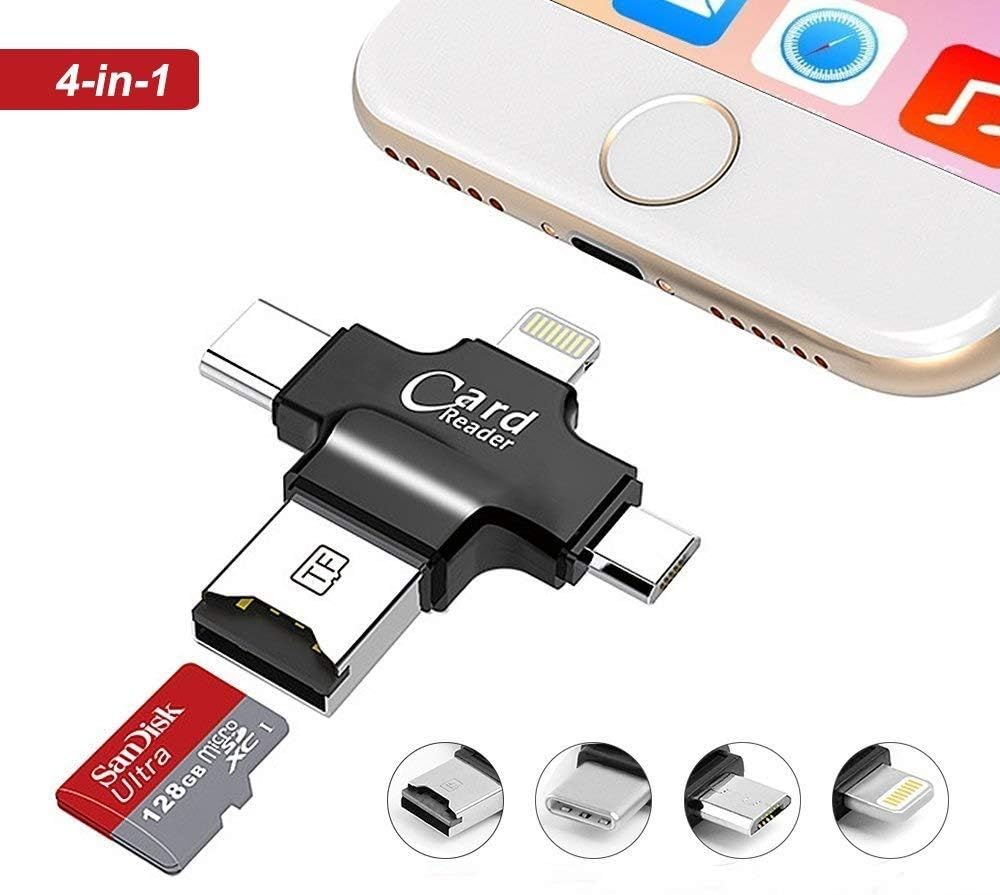 Mobizmo 4 in 1 OTG Card Reader Four Ports : Lightning + Type C + Micro USB + USB Card Reader - Like Iflash, Idisk for iPhone, Ipad, Micro USB, SDHC Lightning Flash Drive. (Mobizmo)