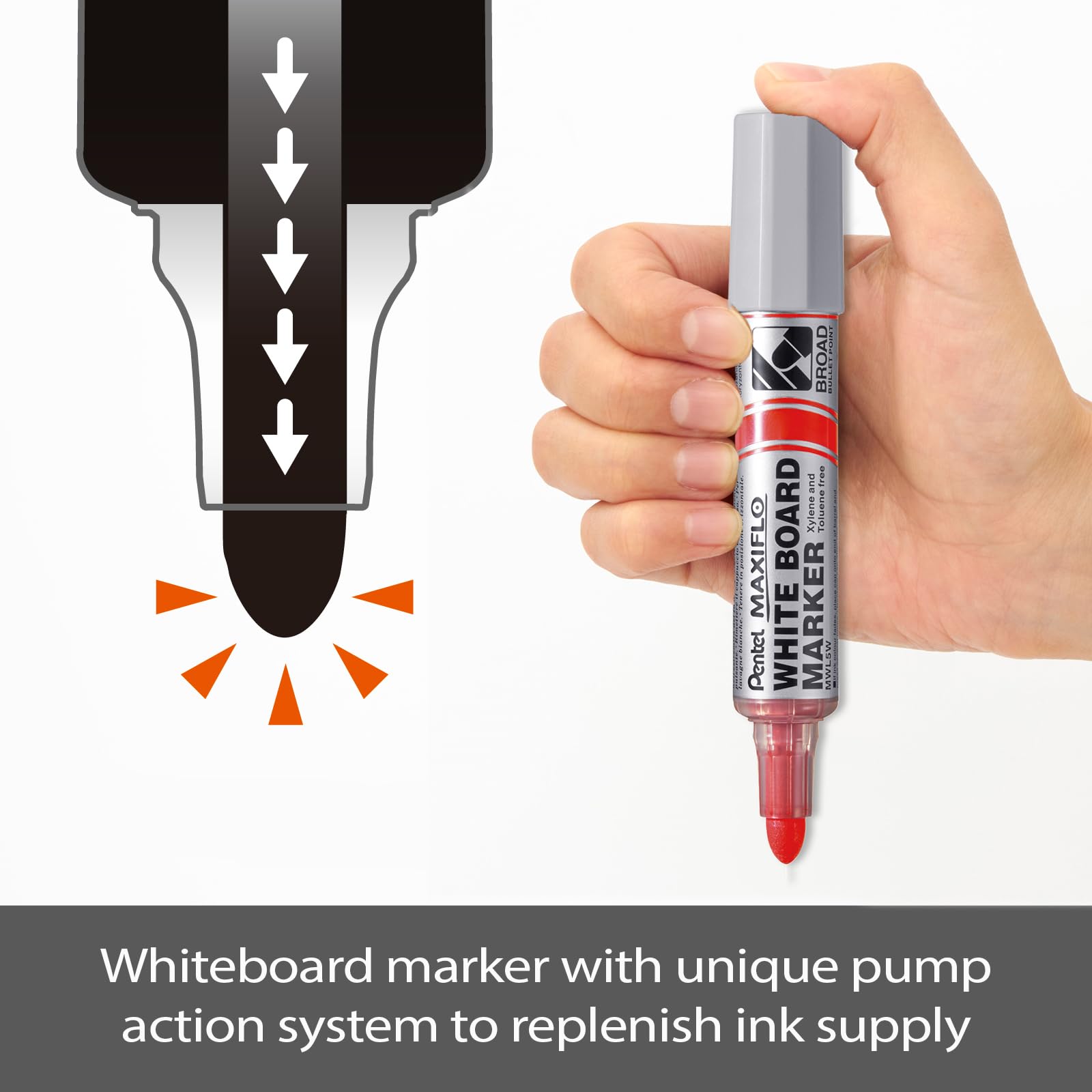 Pentel Maxiflo MWL5W-BX - Rotulador de pizarra blanca (punta cónica ultrancha, 12 unidades), color rojo