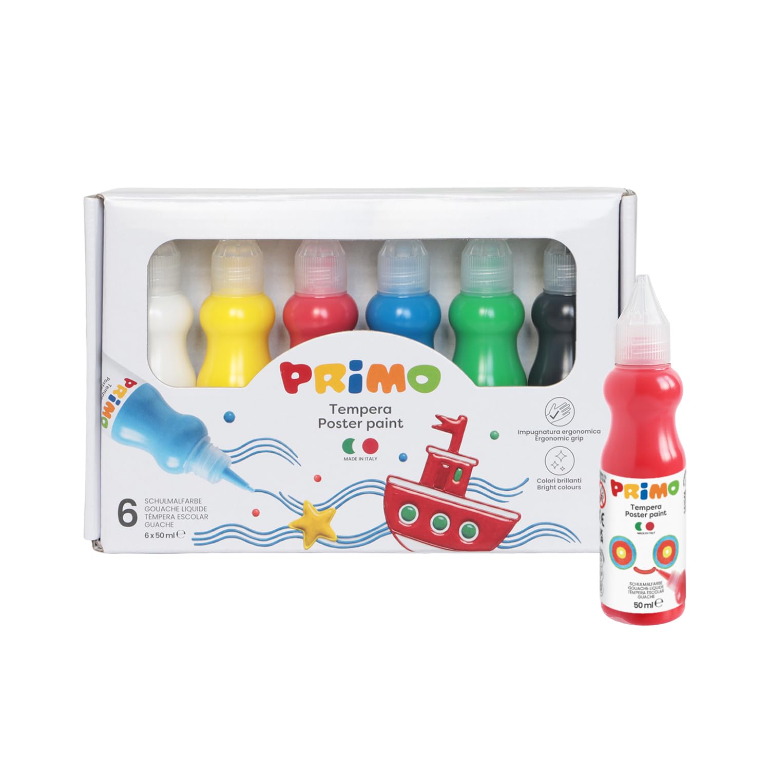 PRIMO - Tempere Ergonomiche per Dipingere, 6 Colori per Bambini 4+ Anni da 50 ml Cartoleria, Pittura, Lavoretti Creativi e Didattica - Tempera Pronta all'Uso su Più Superfici, Colore Vivo Miscelabile
