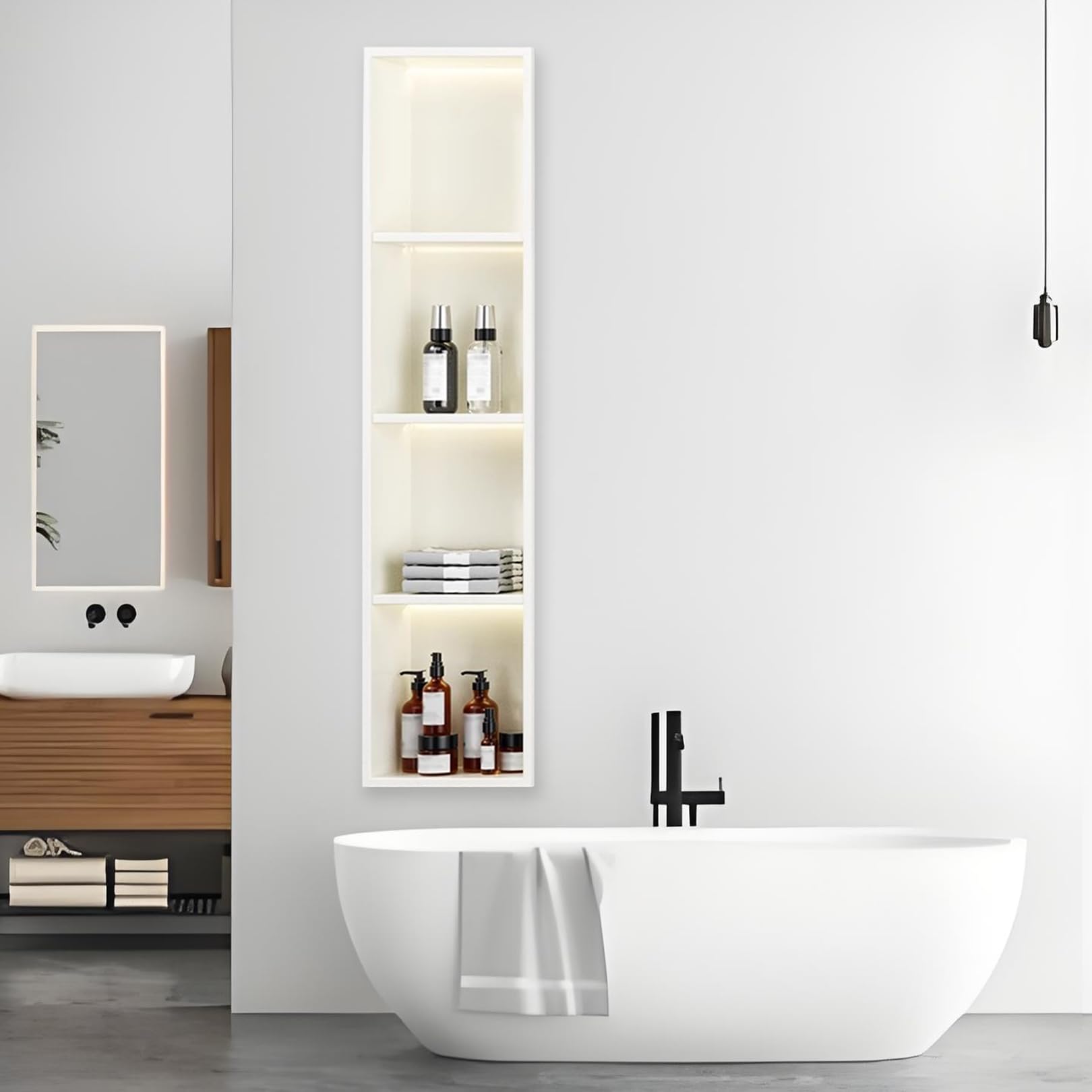 Niche de douche d'angle lumineuse pour un rangement encastré et moderne sans carrelage