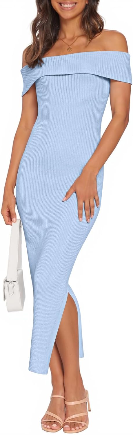 MEROKEETY Women's 2025 Off Shoulder Bodycon Midi Dress Summer Spring Formal Elegant Knit Sweater Dresses