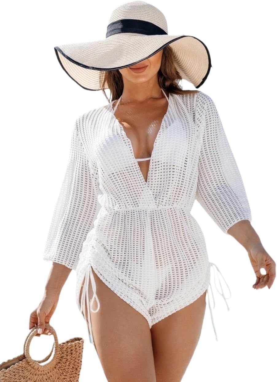 Summer Beach Women's Solid Color Drawstring Pleated Cover Up Romper cover ups for swimwear