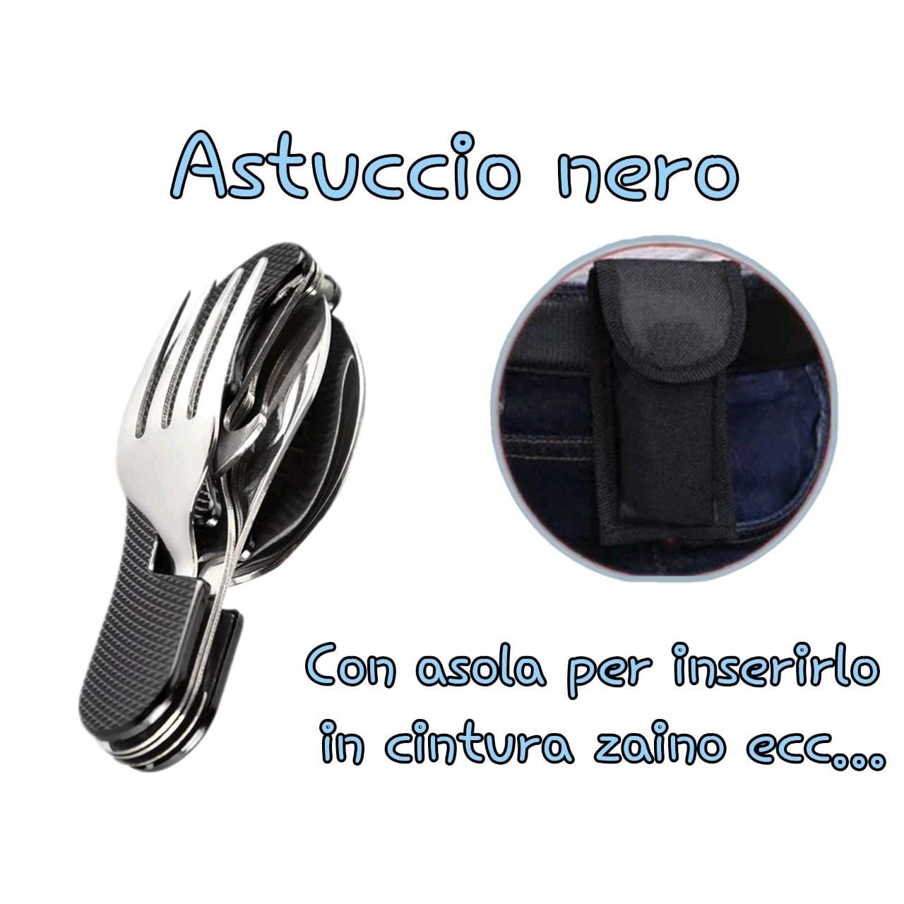Posata Pieghevole Campeggio Multiuso Picnic Escursioni Viaggi Portatili Acciaio Inossidabile Staccabili 5 in 1 Picnic Coltello Forchetta Cucchiaio Apribottiglie Astuccio (nero)