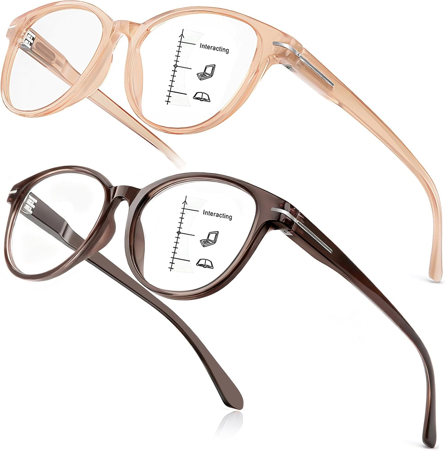 Distinctive Progressive Multifocus Reading Glasses Women, Retro Lady Anti Blue Light/Eye Fatigue Computer Reader, Vintage Round Frame No-Line Multifocal Eyeglasses (Brown&Apricot, 1.25x)