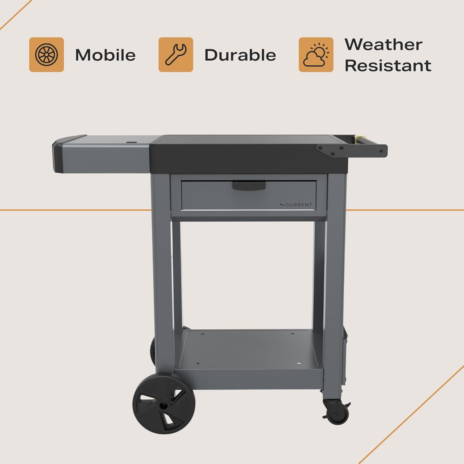 Current Outdoor Pizza Cart, Mobile Prep Station with Soft-Close Drawer, Pizza Peel Holster, Spacious Work Surface, Weather-Resistant, Perfect Height, Wheels for Easy Movement