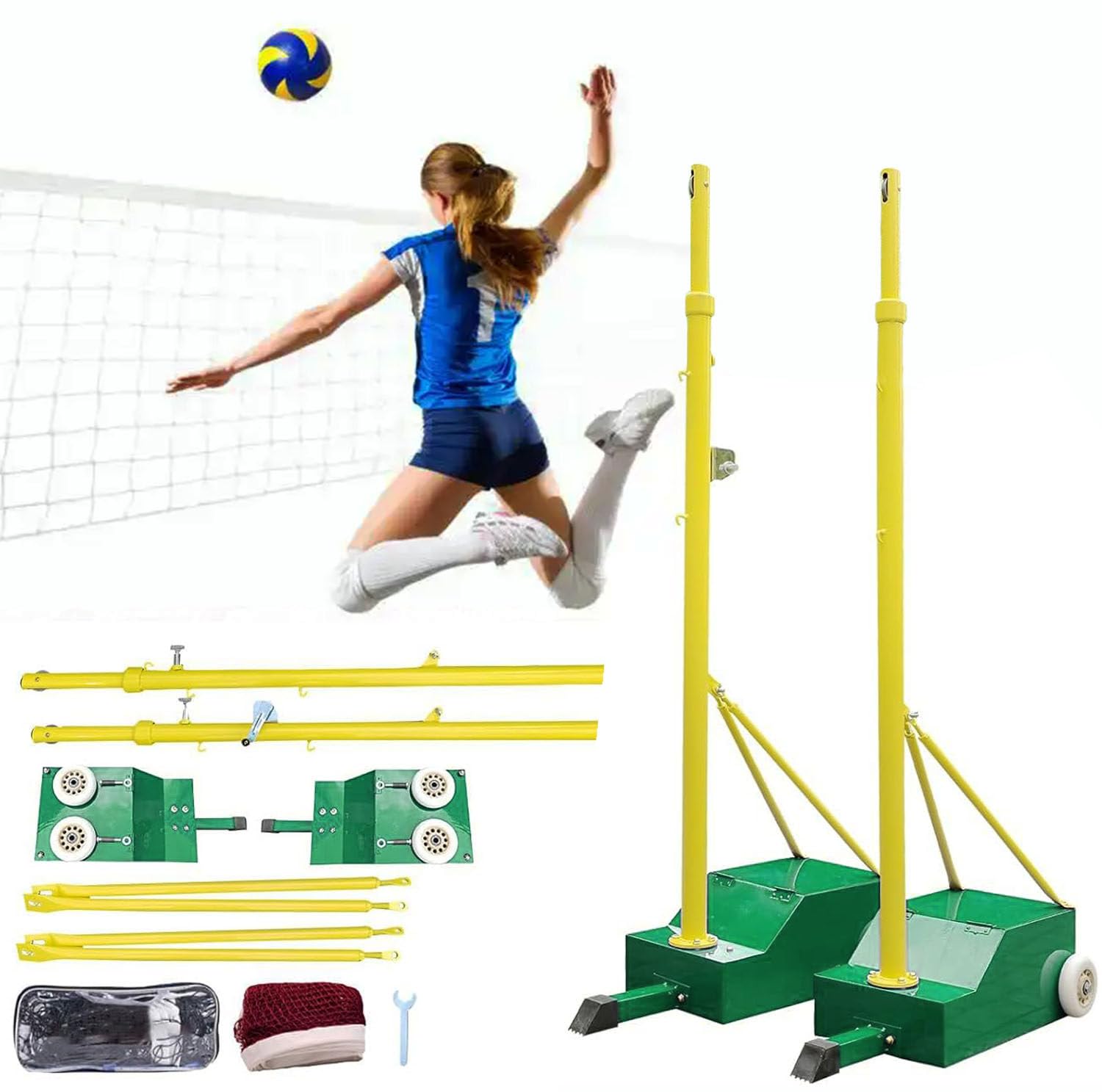 Poste de voleibol y bádminton, post de voleibol portátil con red de voleibol y bádminton, altura ajustable de 1,5 a 2.1m, soporte móvil para red de voleibol, para interiores y exteriores,Green