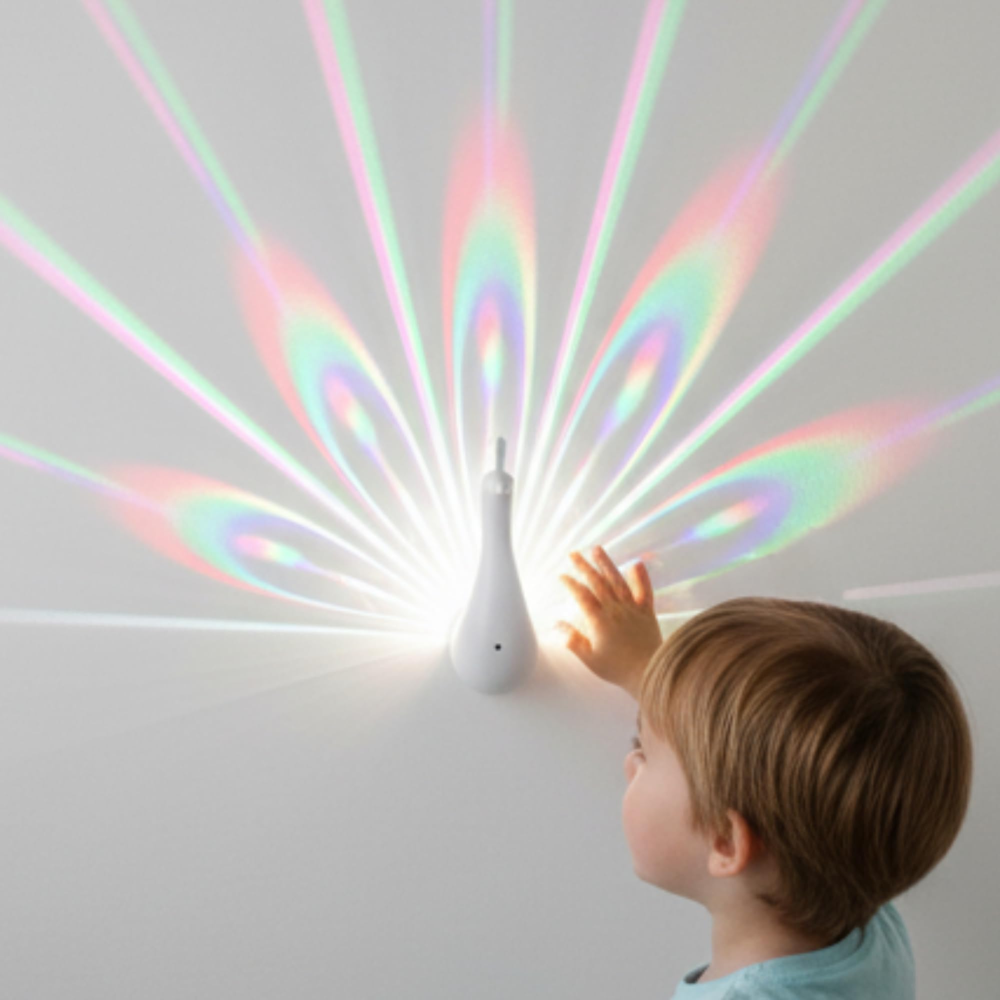 Playlearn Peacock LED Light Projector Wall Lamp – Colour-Changing Peacock Pattern, Remote & Tap Controls, USB-Rechargeable & Wireless, Night Light Décor for Bedrooms, Nurseries & Calming Spaces