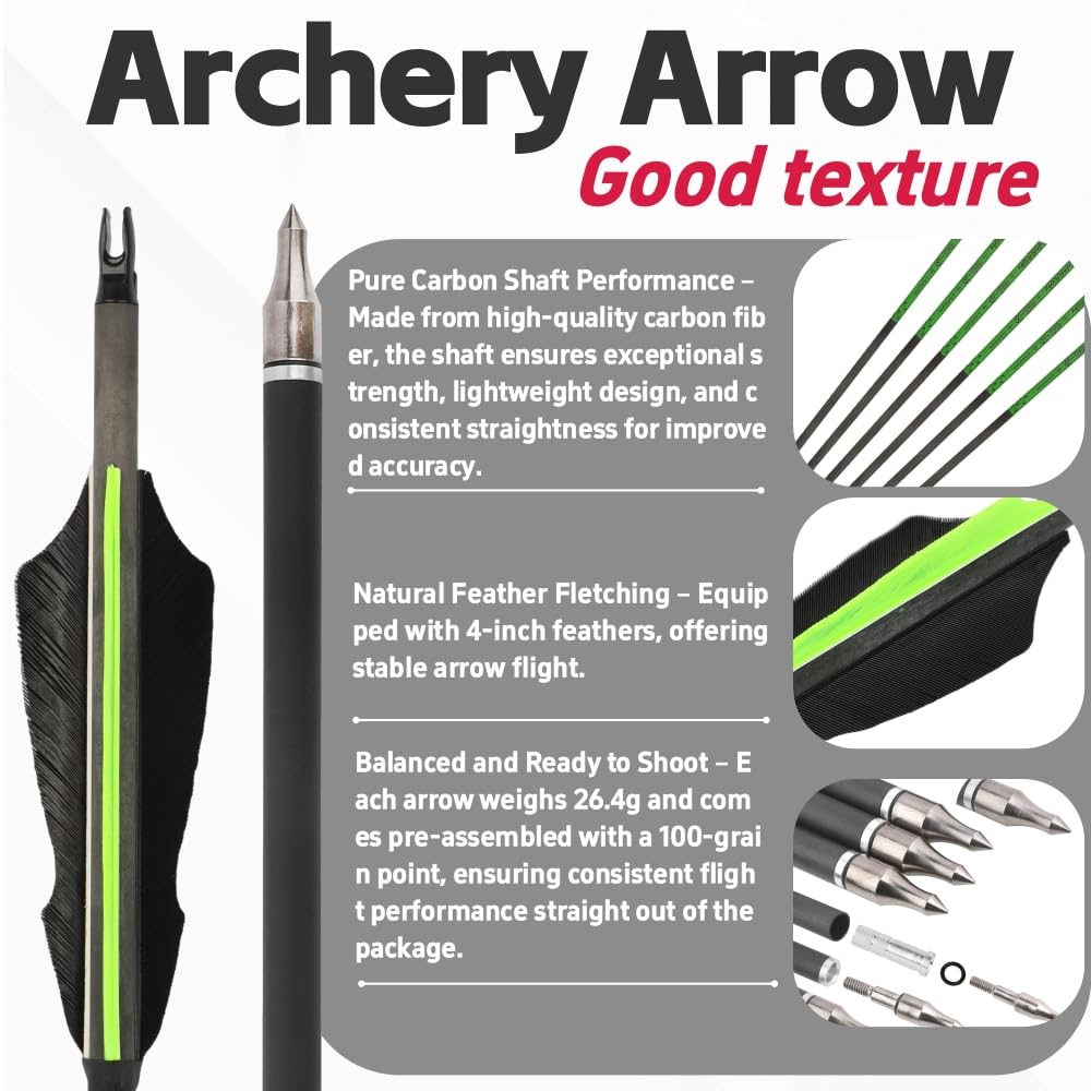 Lot de 6/12 flèches en Carbone Pur 80 cm, raideur 300 à 800 avec Plumes Naturelles, pour Arc Classique et Arc à poulies, Chasse et entraînement sur Cible