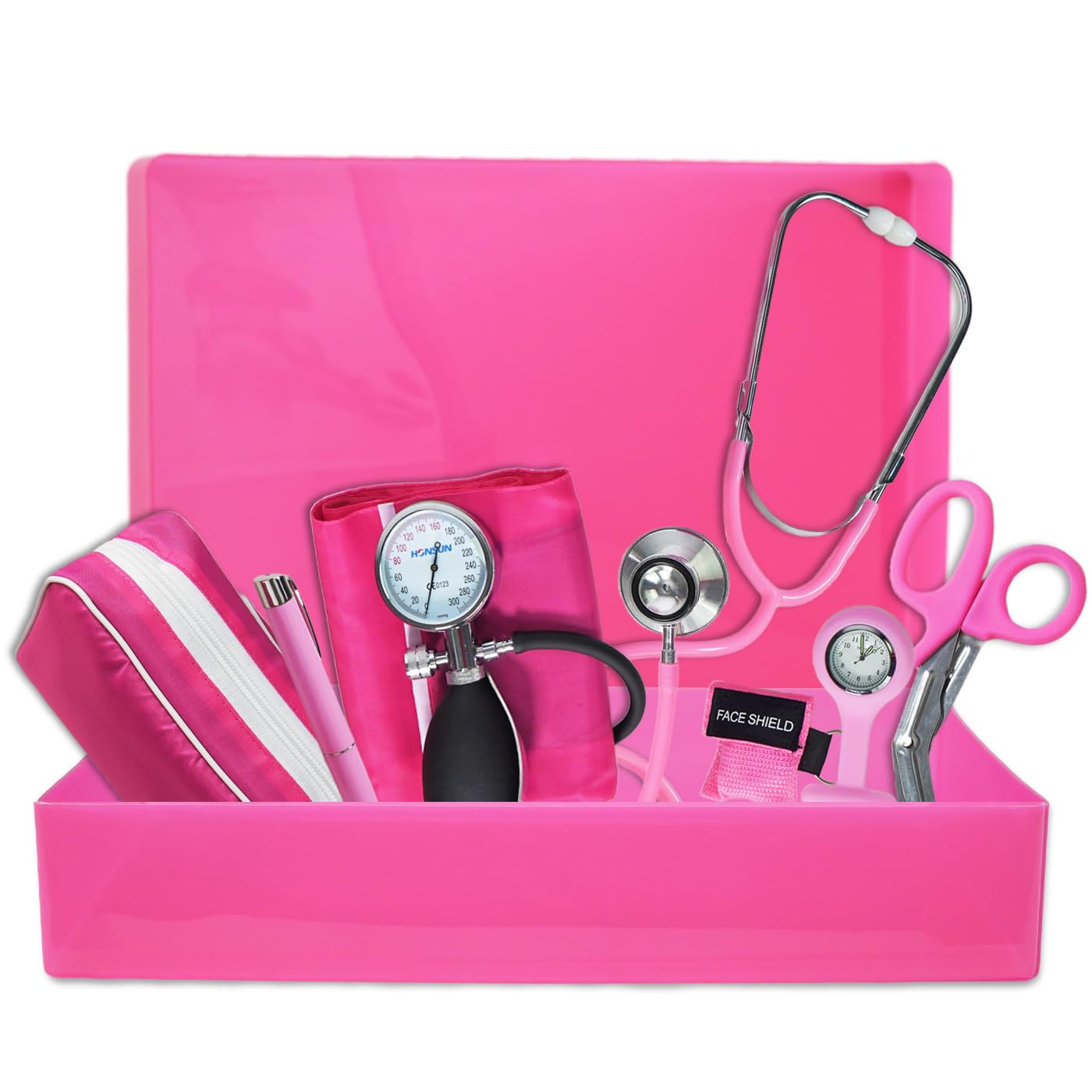 Ensemble d'instruments d'infirmière rose – Kit médical 7 pièces avec stéthoscope, manchette BP, montre et plus – Idéal pour les infirmières et les étudiants