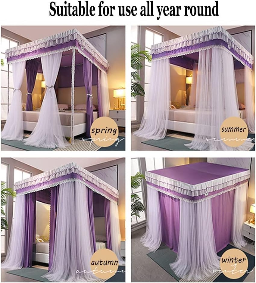 Mosquitera morada de cama doble king size con cortina de 4 postes de esquina 6