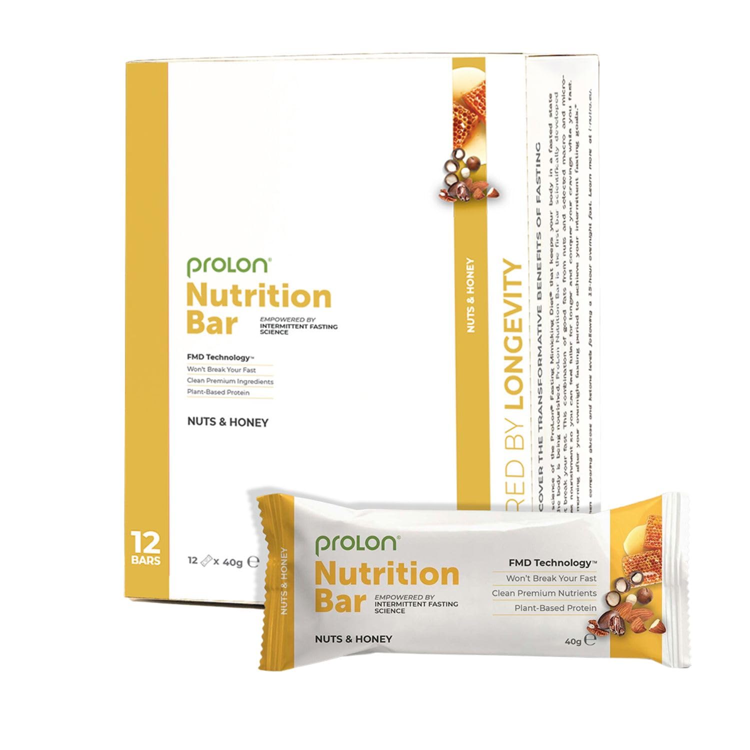 ProLon – Barre énergétique – Barre protéinée pour jeûne intermittent – 12 barres de 40 g – Végétarienne et sans gluten – Fabriqué en Italie - Noix et Miel