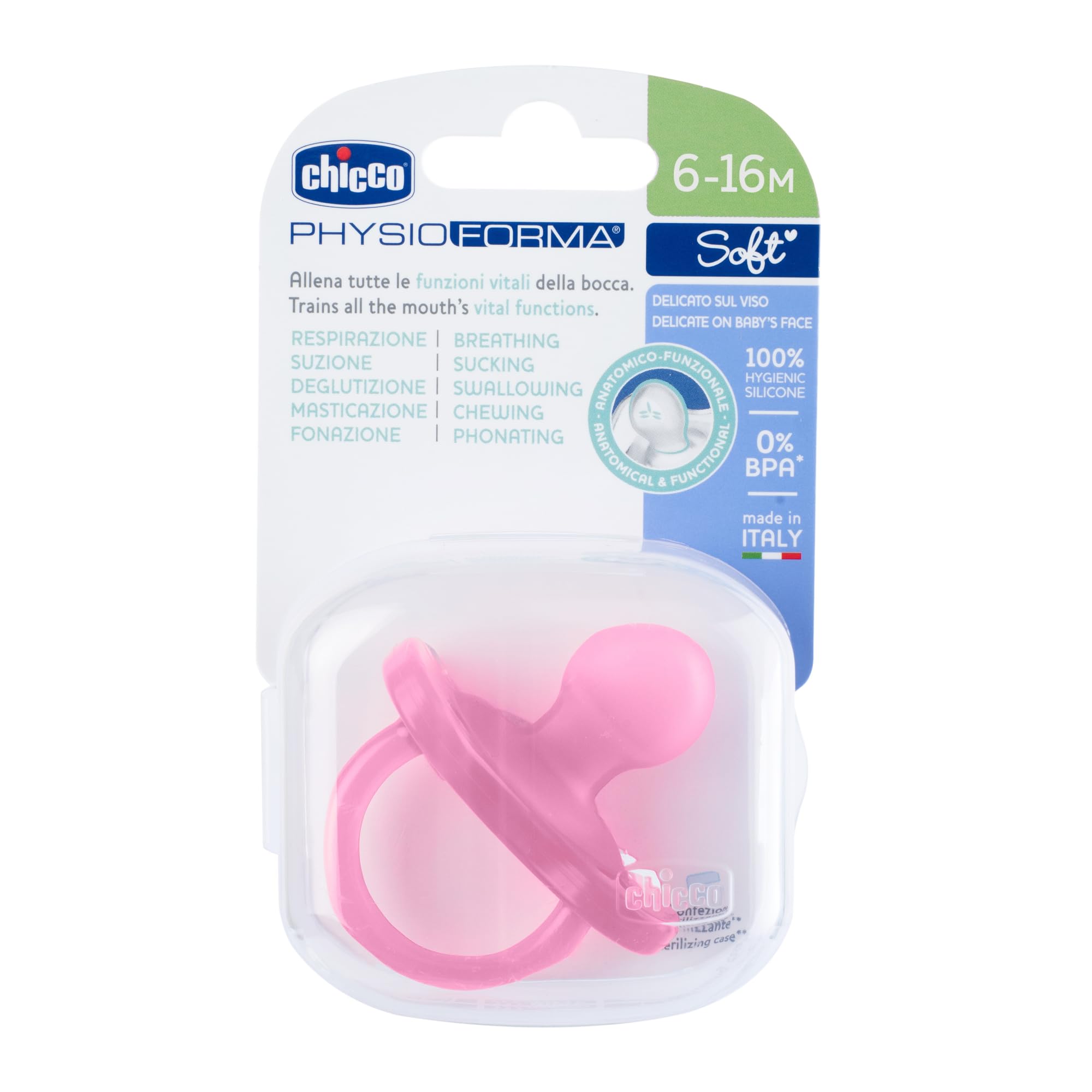 ChiccoPhysioforma Soft Pacifier BPA Free with Steriliser Carry Case, 6-16 Months (1 Pack, Pink)