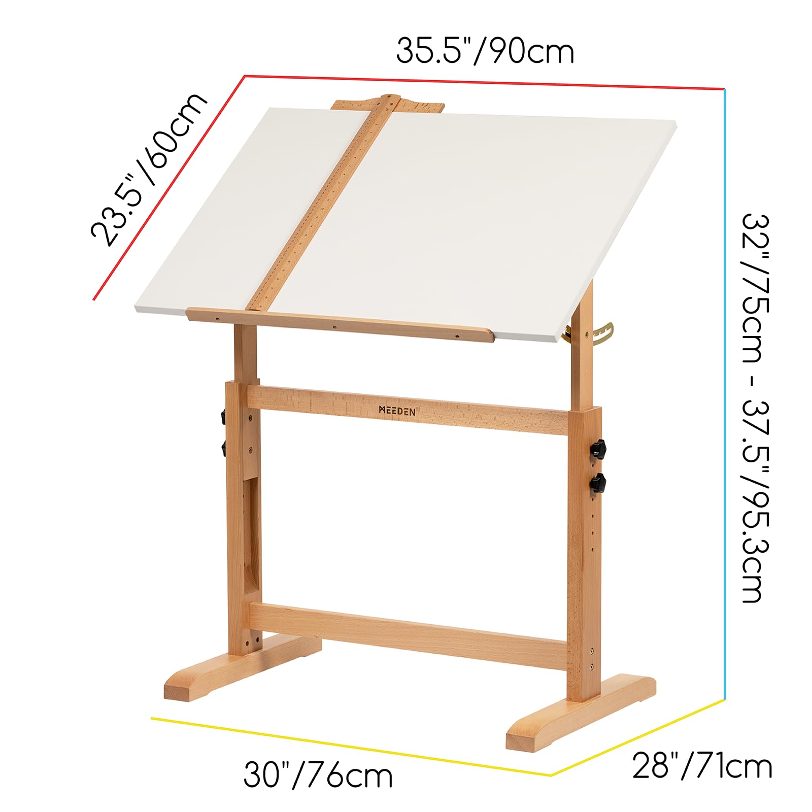 MEEDEN Set tavolo da disegno e sgabello bianco: 90,2 x 59,7 cm, in legno di faggio, altezza regolabile, scrivania artistica con mensola per matita e righello, grandi tavoli da disegno inclinabili per