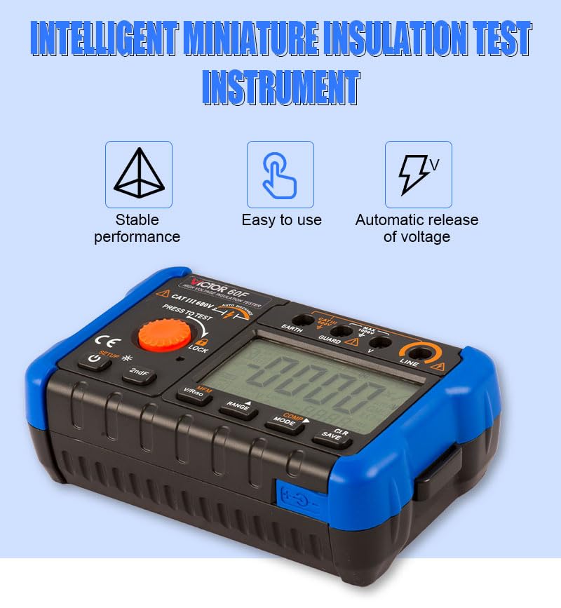 VICTOR 60F Digital Insulation Tester highlighting stable performance, ease of use, and automatic voltage release