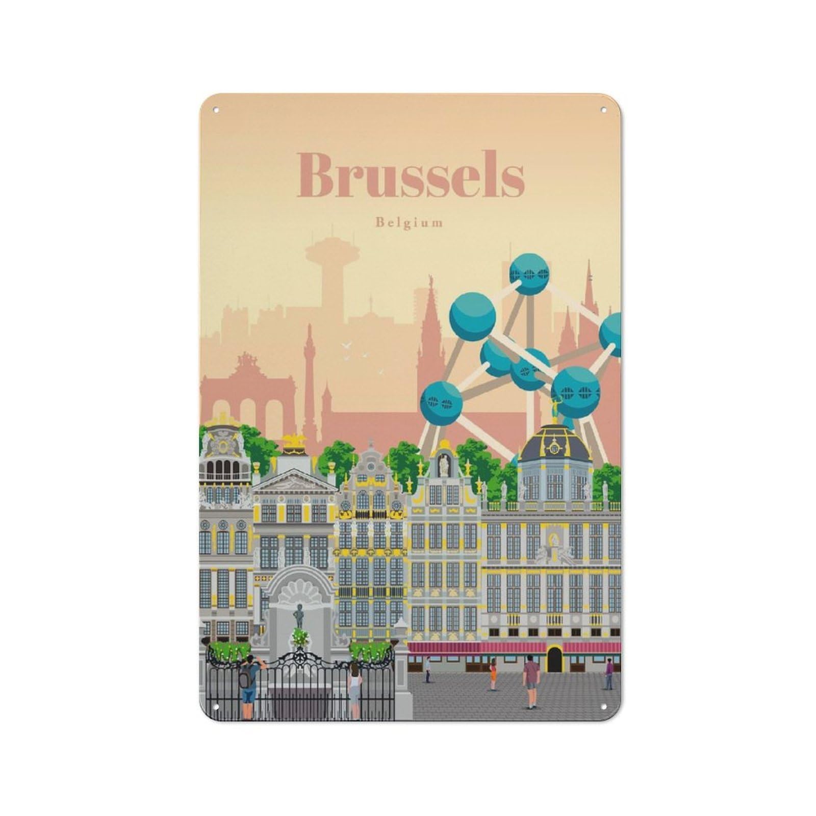 Junmoney Visit Brussels Metal Wall Sign 30X20cm Featuring For Living Room Wall, For Metal Sign Collectors, For Garage And Workshop Walls