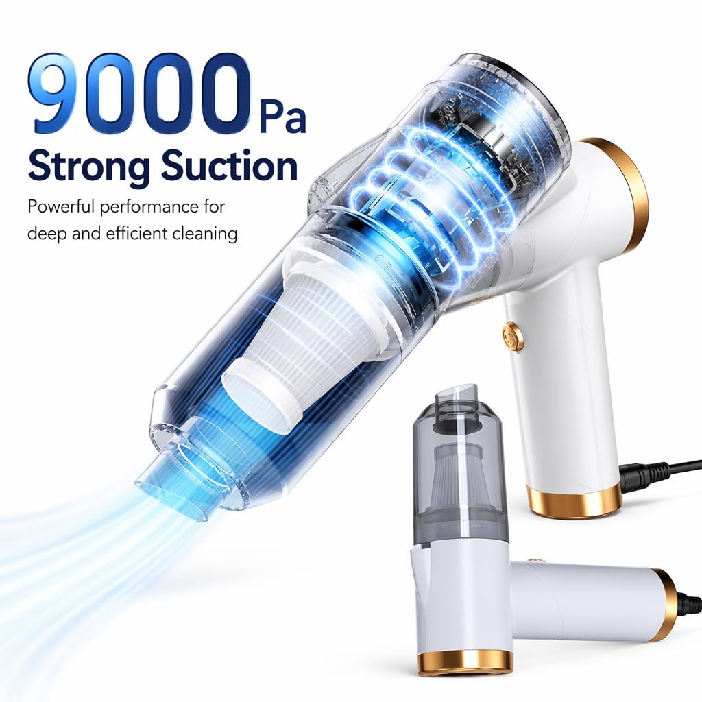Aspiradora de Mano Plegable, succión de 9000 Pa, batería de 4000 mAh, luz LED, Lavable, portátil para Coche, hogar y Mascotas.