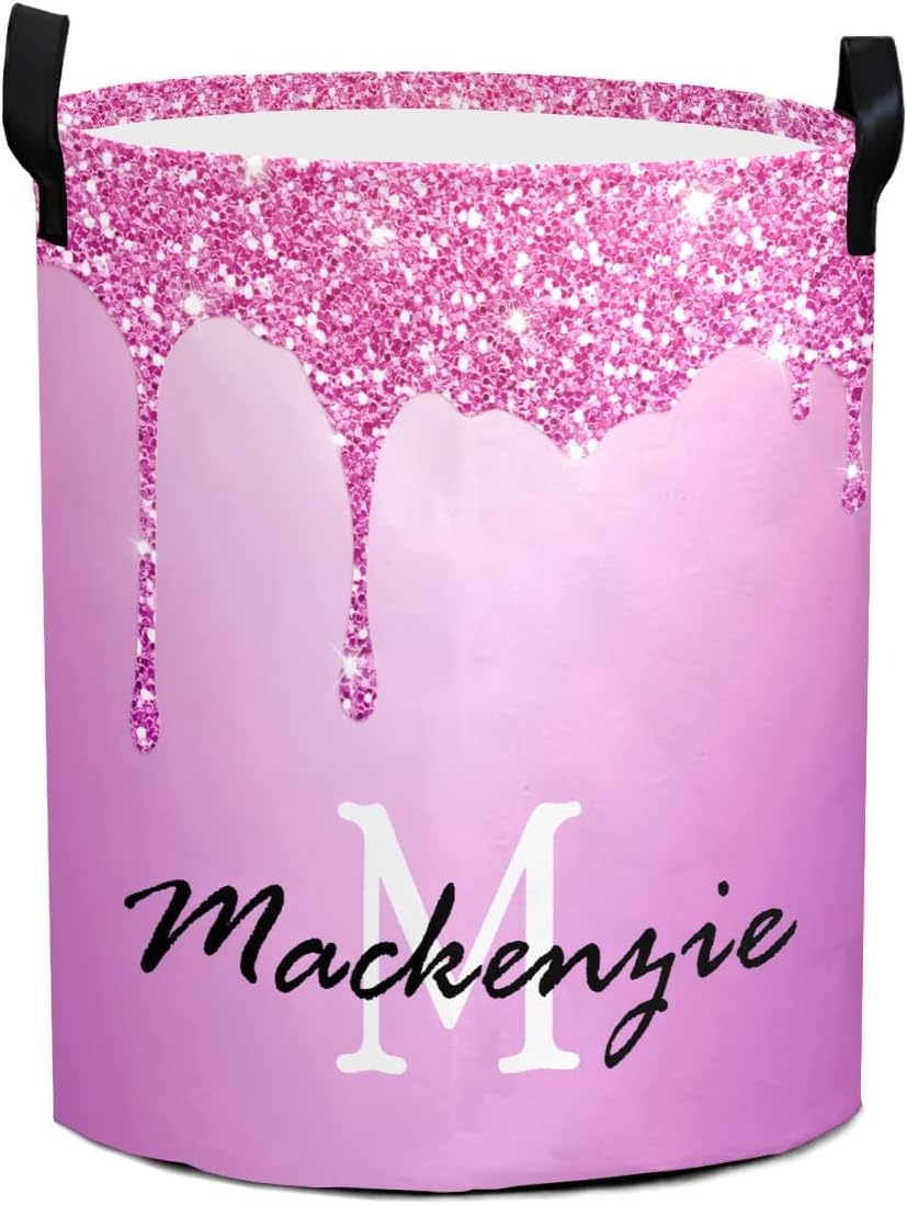 Custom Glitter Pattern Laundry Basket Personalized Laundry Hamper with Name Collapsible Clothes Storage Basket with Handle for Bathroom Living Room Bedroom