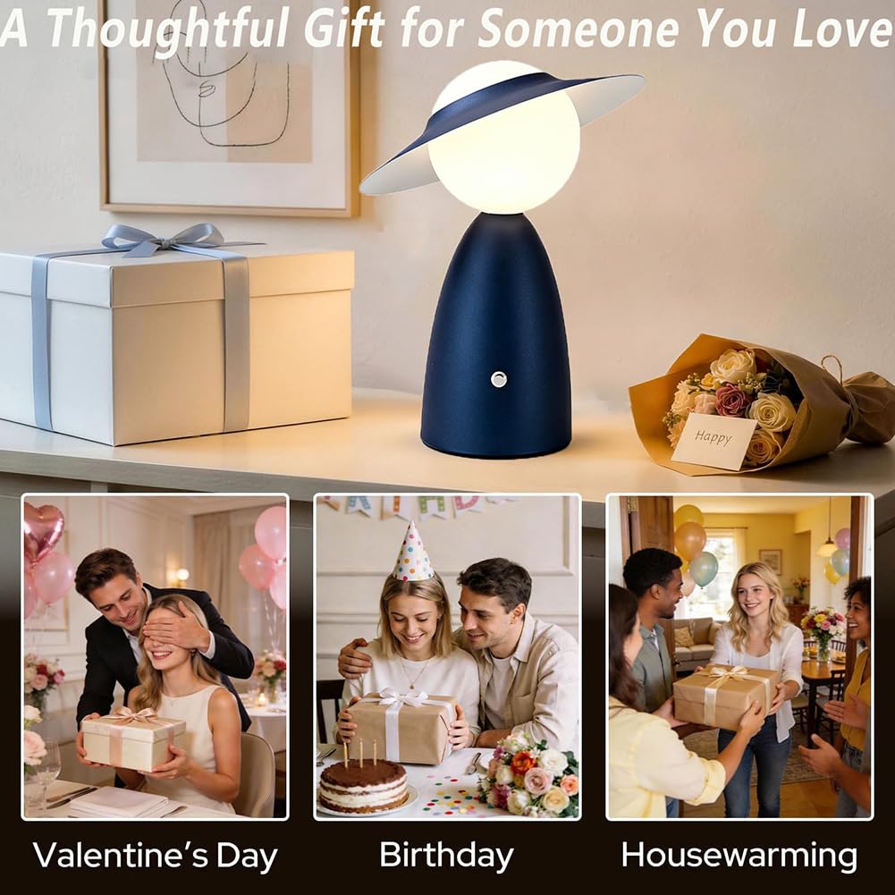 Lampe mit Hut Tischlampe Touch Dimmbare LED Akku Tischleuchte Kabellos Pilz Lampe Art Deco Nachttischlampe USB Aufladbar Hut Lampe Tragbar Schreibtischlampe für Restaurant Bar Büro Esstisch,Blau