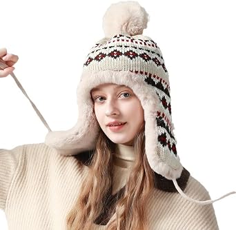 Women Knitted Pompom Trapper Hat Faux Fur Russian Ushanka Earflap Trooper Hat Plush Warm Skiing Beanie Cap
