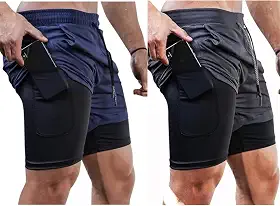 Kit 2 Shorts Masculino 2 em 1 Academia Fitness Corrida Musculação beach Tecido Dryfit Com Elastano Forrado G Preto e Azul