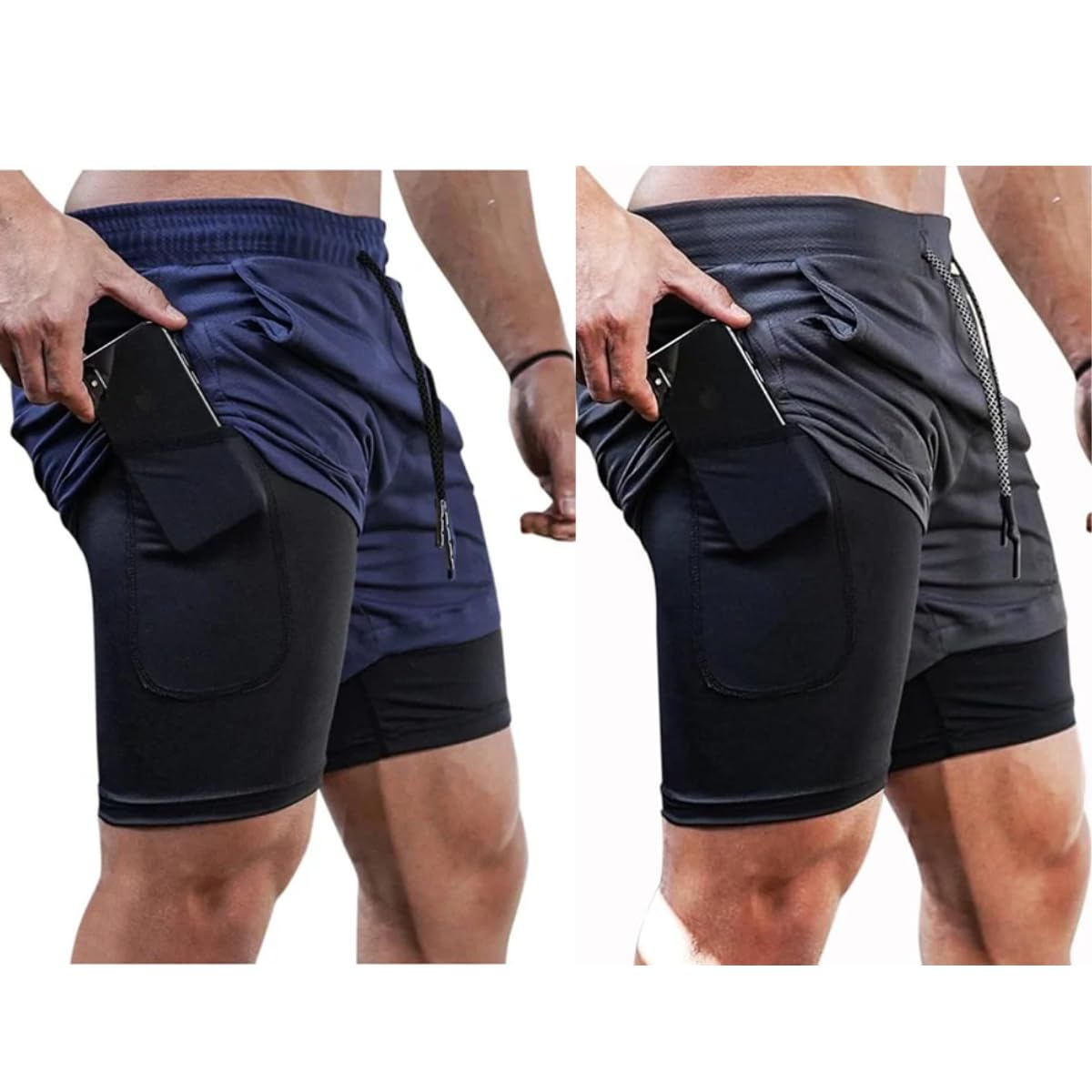 Kit 2 Shorts Masculino 2 em 1 Academia Fitness Corrida Musculação beach Tecido Dryfit Com Elastano Forrado G Preto e Azul