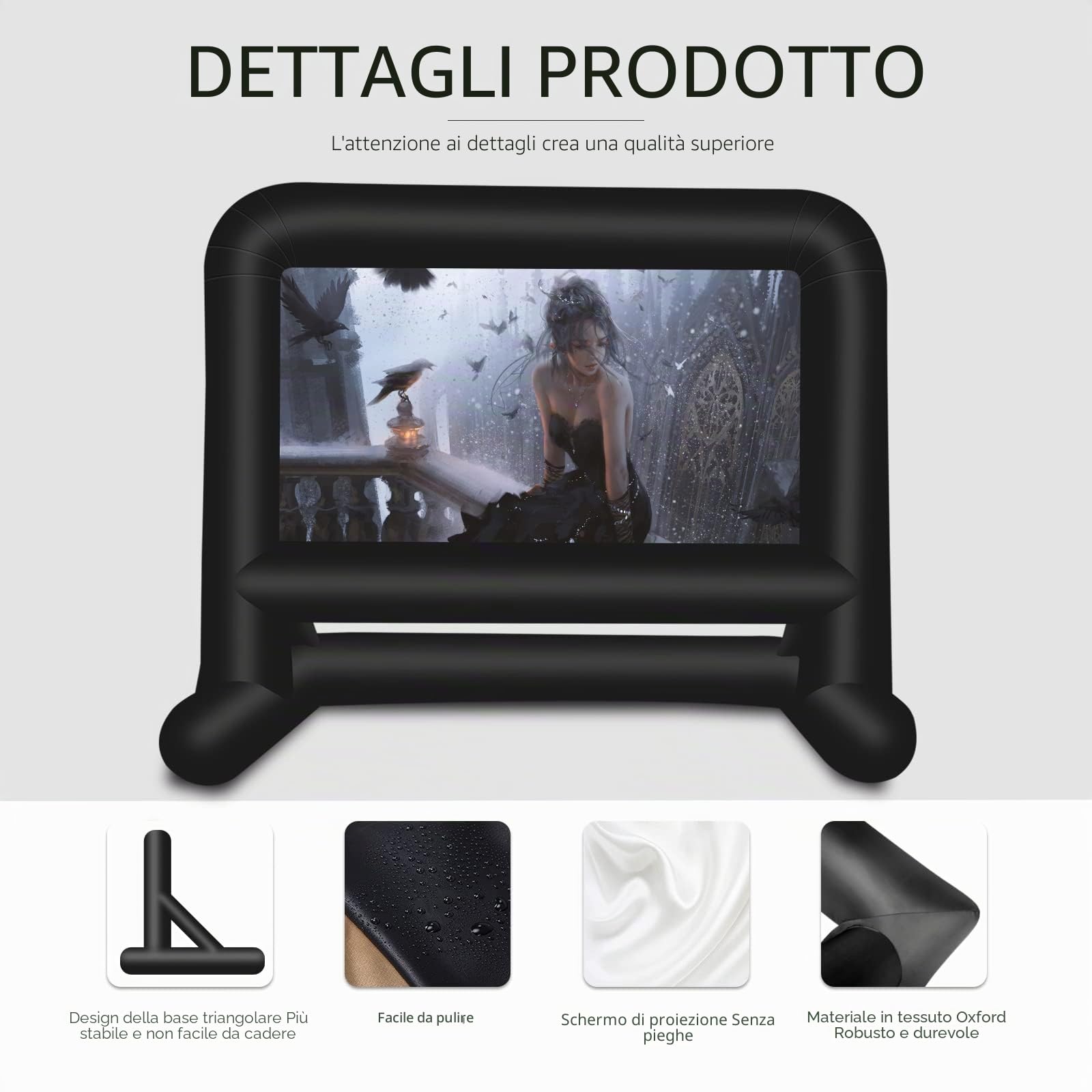 Schermo gonfiabile per esterni, schermo di proiezione, pacchetto con telaio, ventilatore, corda, picchetti, borsa quotidiana (16 piedi)