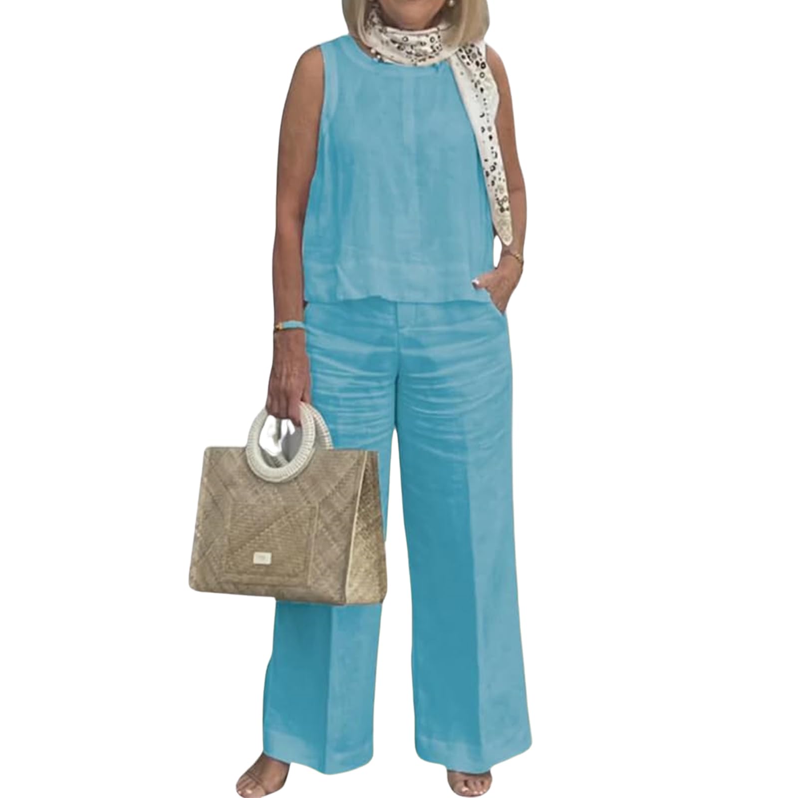 2 Piece Outfits for Women Summer Cotton Linen Sets Sleeveless Tank Tops and Wide Leg Pants Lounge Sets with Pockets