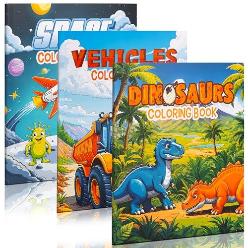ZICOTO Fun Coloring Books for Kids Set of 3 - Exciting Dinosaur Space & Trucks Coloring Book for Boys Ages 4-8 - Easy to Color Gift for Travel with Cute Themes for Your Creative Little Toddler 1-3