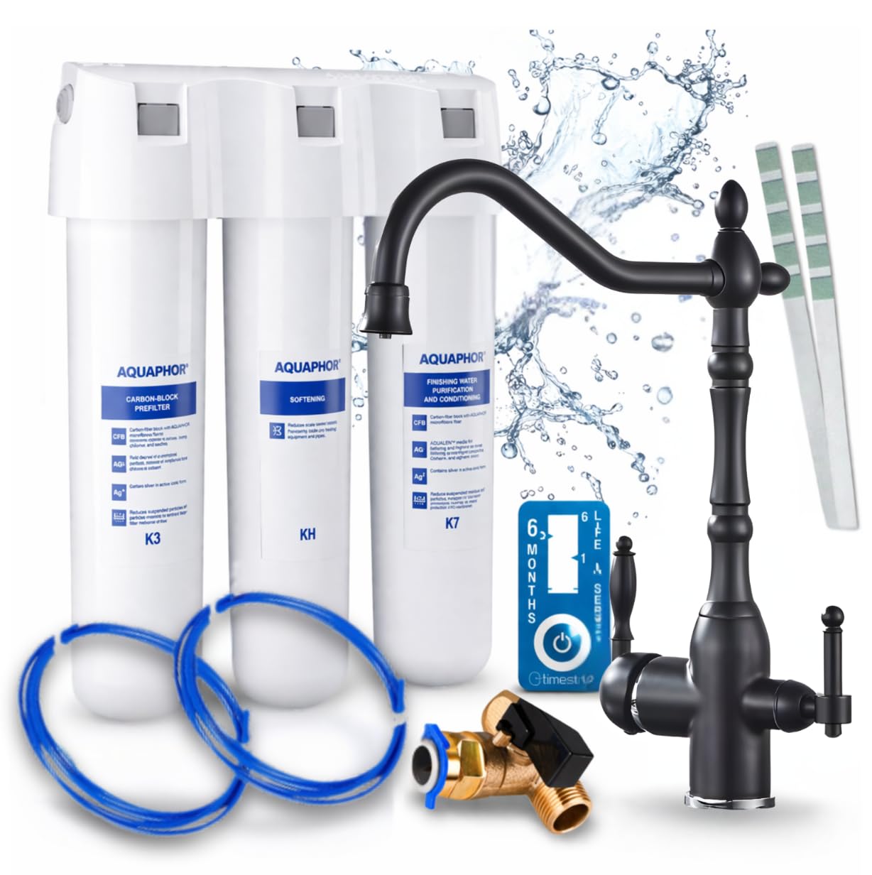 Ari 3-Wege Küchenarmatur Wasserhahn Spültischarmatur Zweigriffmischer Schwarz Matt Vintage Nostalgie Retro im Set mit Untertisch Wasserfilter Trinkwasserfilter Wasserenthärter Crystal H