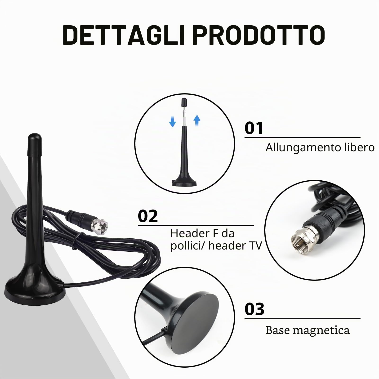 Antenna Radio DAB FM Telescopica Interna con Base Magnetica, Antenna FM radio da Interni 75 Ohm, Compatibile con Sintonizzatori Stereo, Ricevitori AV, Amplificatori, Sistemi Home Cinema e HiFi