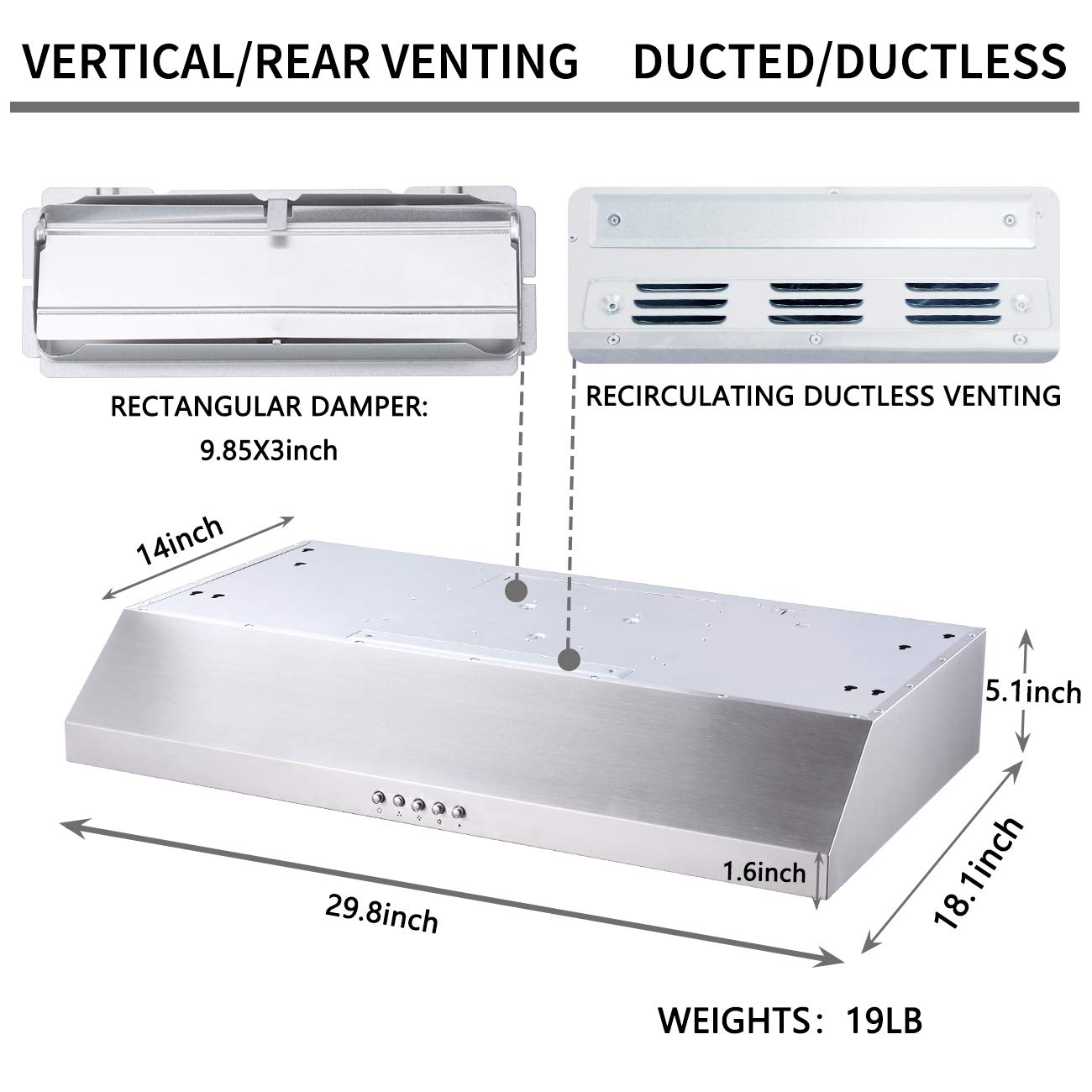Range Hood 30 inch, Kitchenexus Stainless Steel Range Hood with Ducted/Ductless Convertible