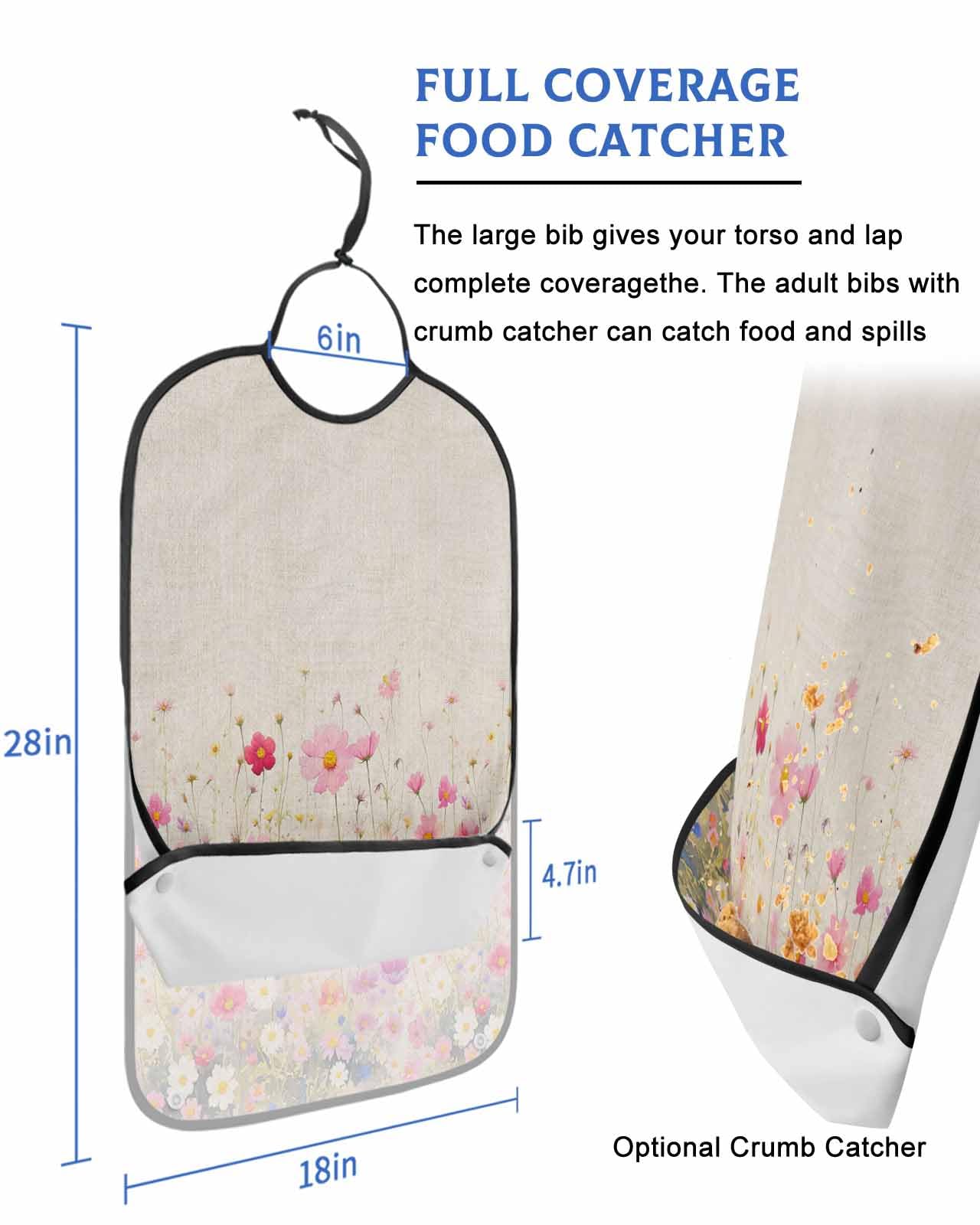 LEOKOTI Pink Spring Floral Adult Bibs for Eating, Waterproof Bibs with Food Catcher & Adjustable Snap Closure, Watercolor Summer Botanical Washable Clothing Protectors Adult Bibs for Elderly Women/Men
