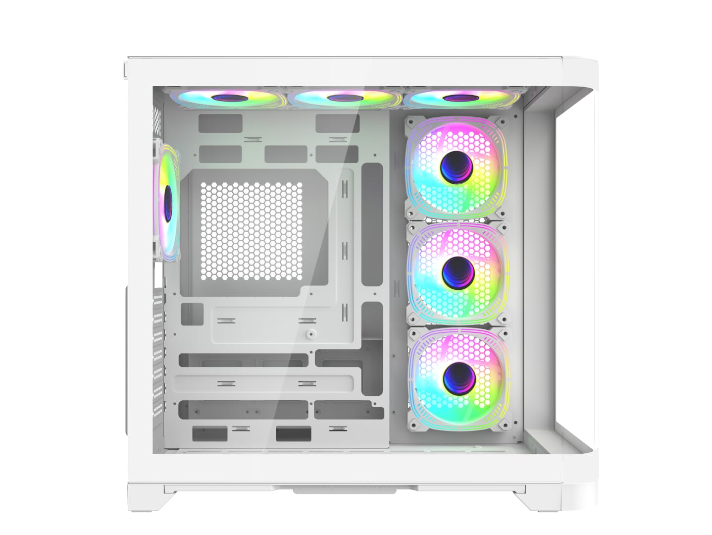 iONZ Estuche para juegos de PC ATX Mid Tower - Serie dinámica de doble cámara con 4 ventiladores ARGB PWM | Vidrio templado curvado | Flujo - Blanco