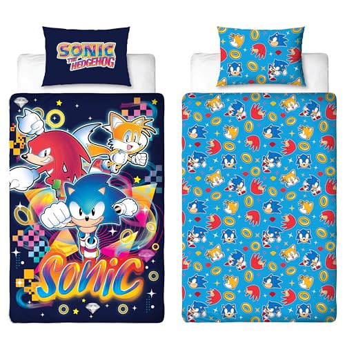 Offiziell Lizenziertes Sonic The Hedgehog Wende-Bettwäsche-Set, wendbar, mit Schwänzen und Knöcheln, mit passendem Kissenbezug, ideal für Kinderzimmer