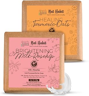 Nat Habit Turmeric Oats & Milk Rosehip Bath Soap Combo | Ayurvedic Cold-Processed Soaps with Milk, Haldi, Lactic Acid & Kokum Butter | Body Tan Removal, Scar Reduction & Skin Brightening|125g Each