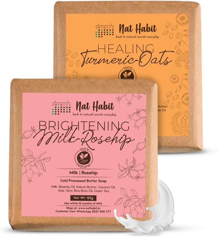 Nat Habit Healing Turmeric-Oats & Brightening Milk-Rosehip Butter Bath Soap - With Cold Processed For Body Cleansing, Skin Whitening & Tan Removal (125g x 2, Combo)
