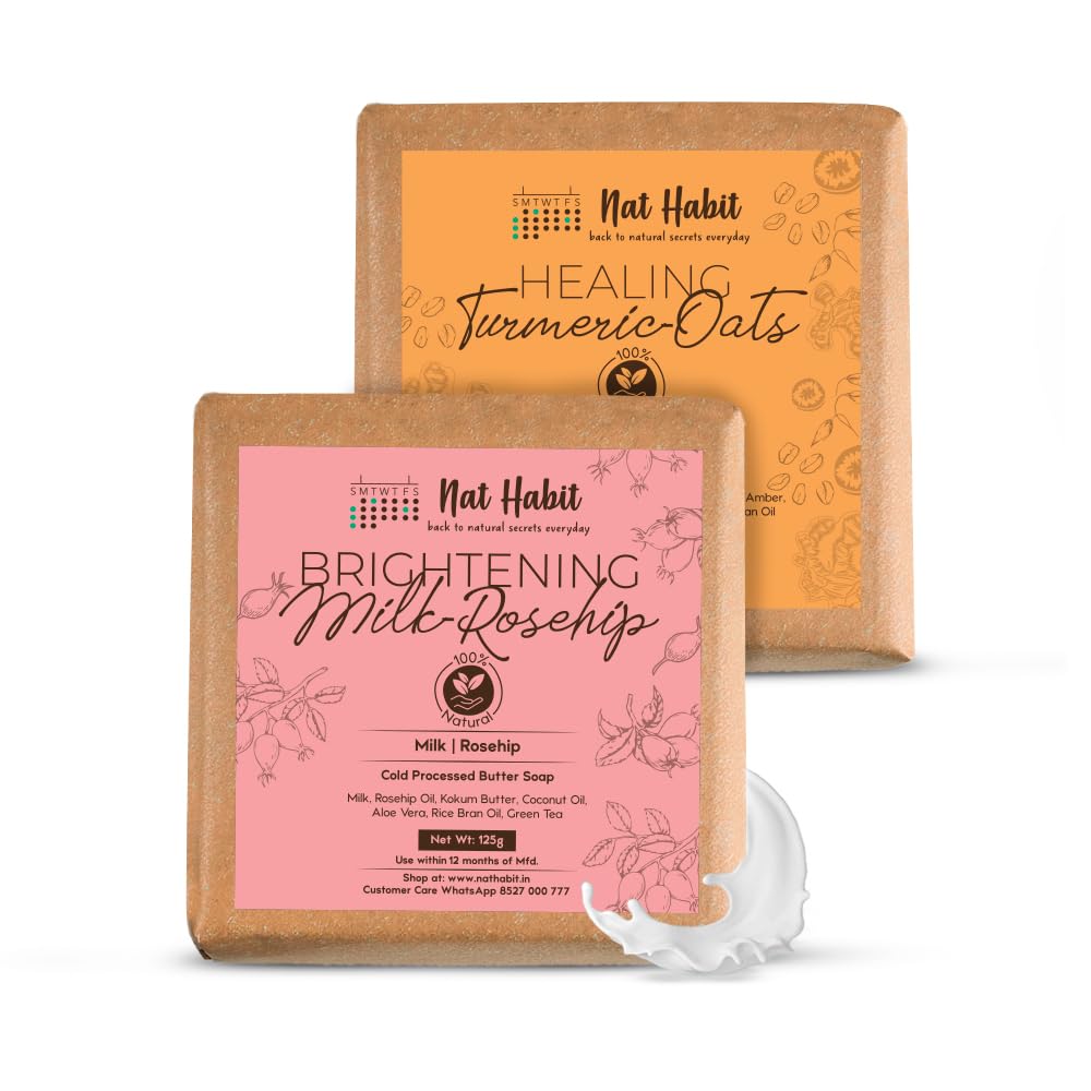 Nat Habit Healing Turmeric-Oats & Brightening Milk-Rosehip Butter Bath Soap - With Cold Processed For Body Cleansing, Skin Whitening & Tan Removal (125g x 2, Combo)