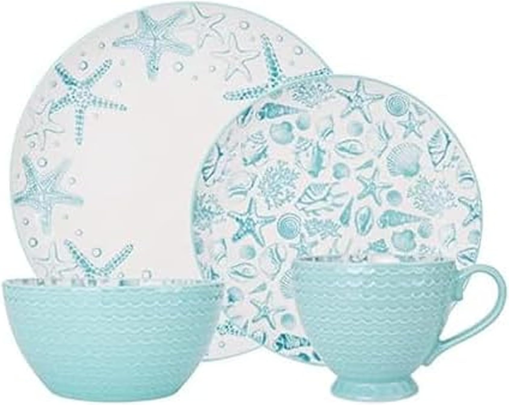 Venice 16-Piece Stoneware Dinnerware Set, Service for 4, Aqua/White -