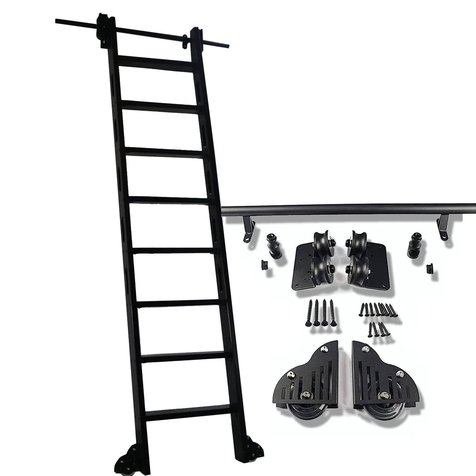 Kit de herrajes para escalera de biblioteca con riel redondo negro corredero de acero
