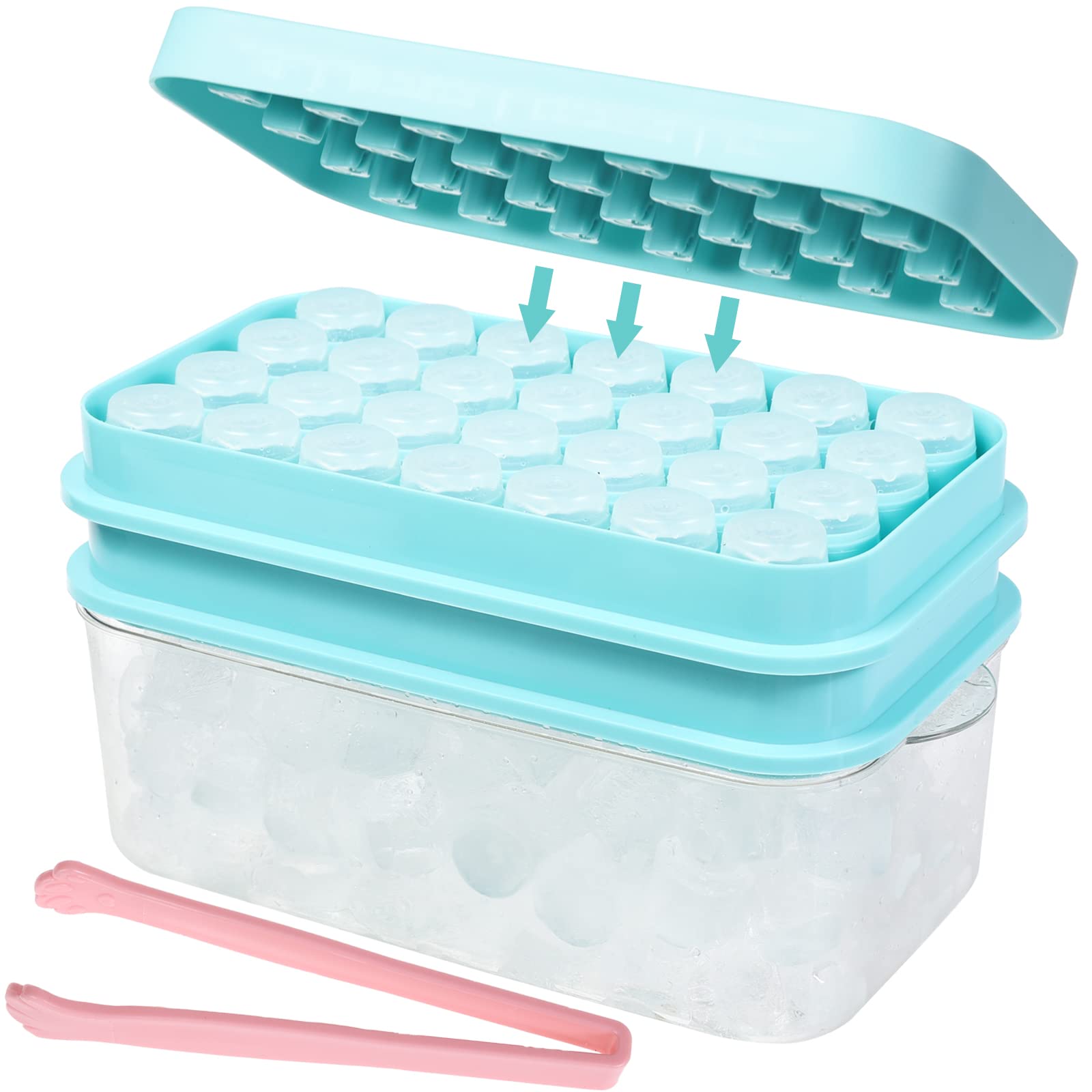 Photo 1 of 2 PACK Ice Cube Tray Press to Release, 28 Rose Ice Cube Tray With Lid, Ice Tray Bin,Press Type Ice Cube Maker, Ice Cube Trays with Lid and Storage , Easy Release , Plastic Ice Tongs. (2X28, Blue) 2X28 Blue