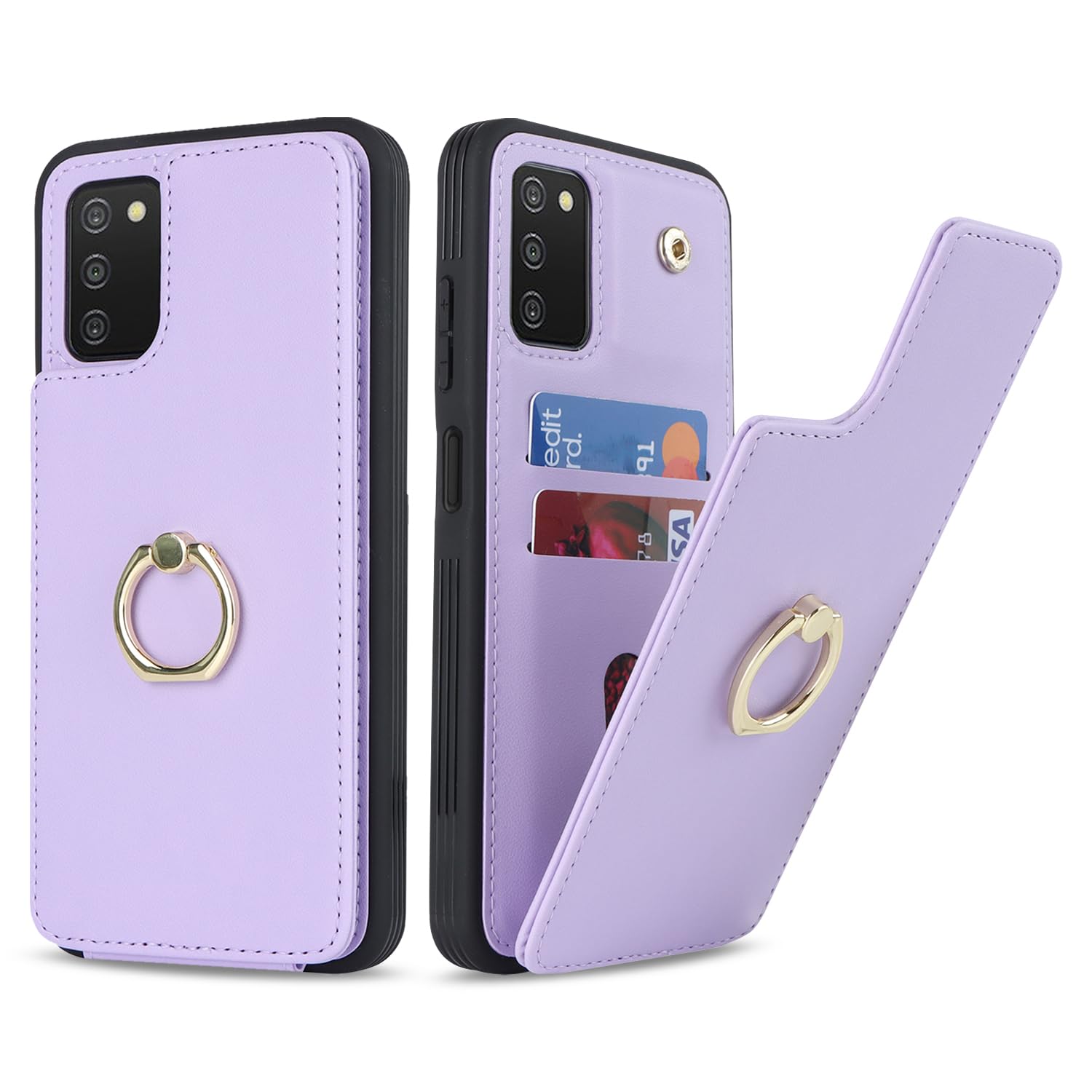 Lipvina Funda para Samsung Galaxy A03s con tarjetero, funda para Galaxy A03s para mujer, tarjetero de crédito, soporte de anillo y bloqueo RFID para teléfono de 6.5 pulgadas (morado)
