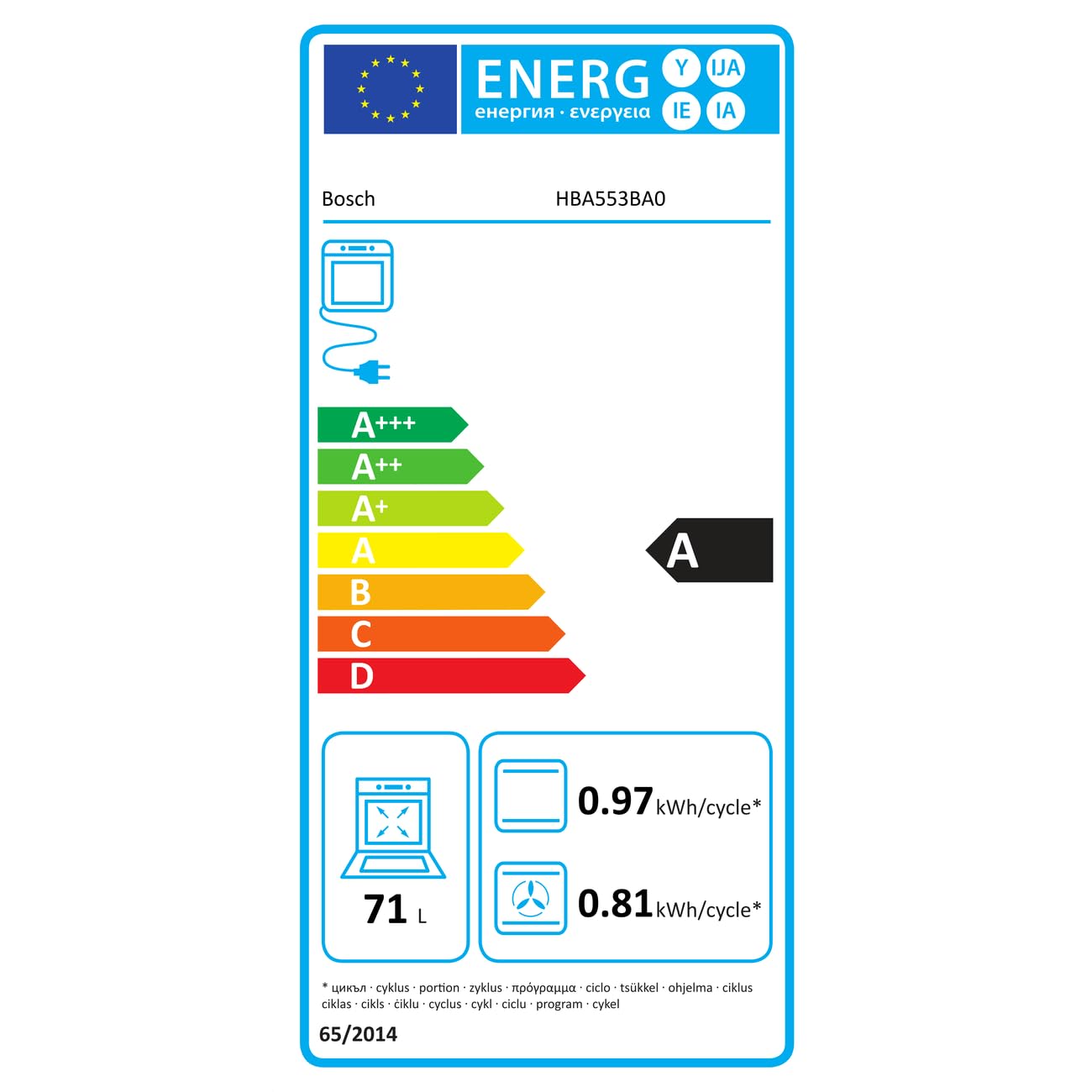 Bosch HBA553BA0 Four intégrable Série 4 - Four multi-fonctions - EcoClean - 3400 W - Grande capacité de 71L - Noir