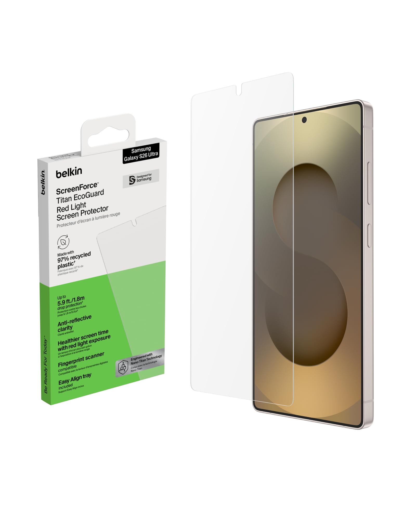 Belkin ScreenForce Titan EcoGuard Rotlicht Schutzfolie für Samsung Galaxy S26 Ultra, kratzfester Stoßschutz, Anti-Fingerprint, Ultradünne Displayschutzfolie mit Positionierungsrahmen, Screen Protector