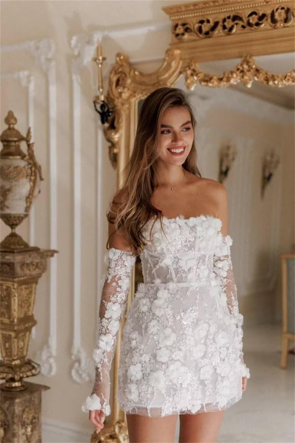 cantcauli Short Wedding Dress for Bride Lace Appliques 3D Flowers Tulle Mini Bridal Gowns for Wedding